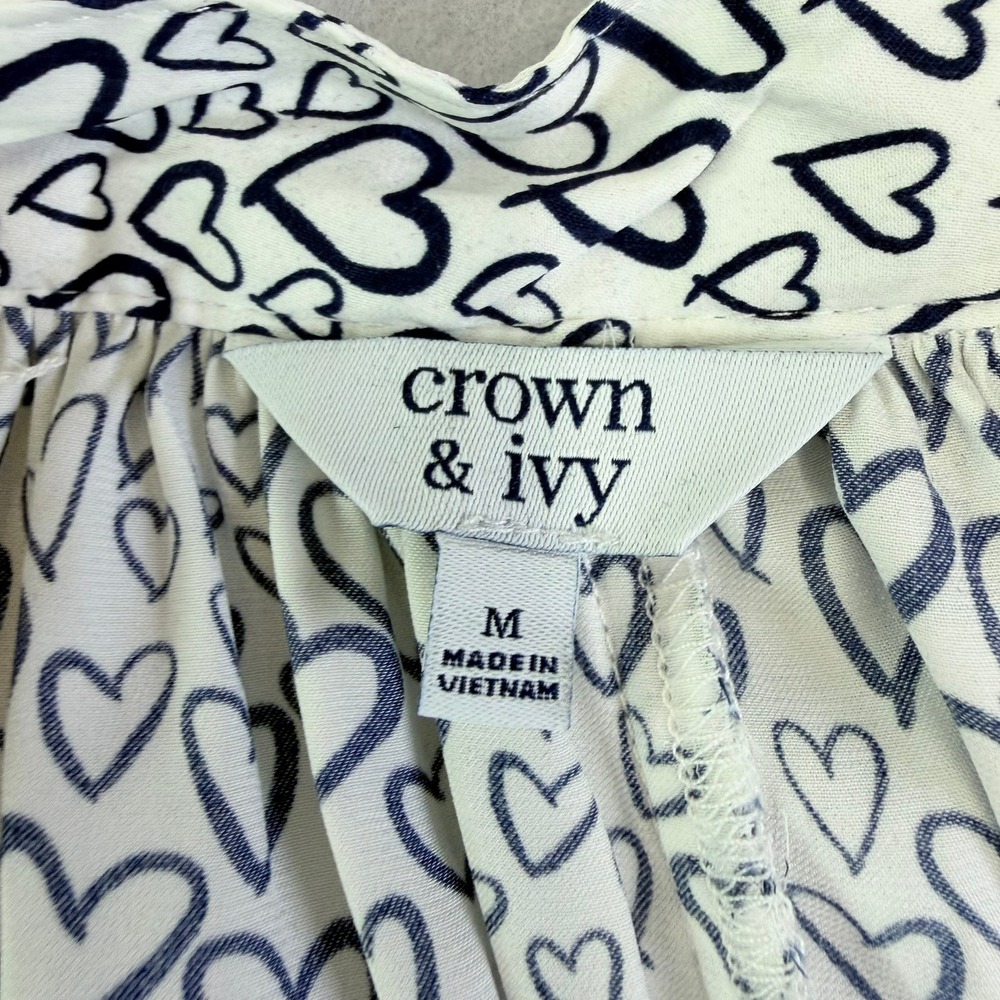Crown & Ivy Blouse Womens Medium White Heart Print Long Sleeve Gathered Neck - Picture 3 of 7